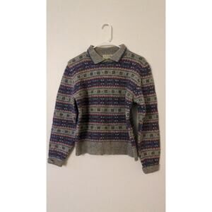 L. L. Bean Vintage Women's Fair Isle Grey Collared Sweater Medium Shetland Wool